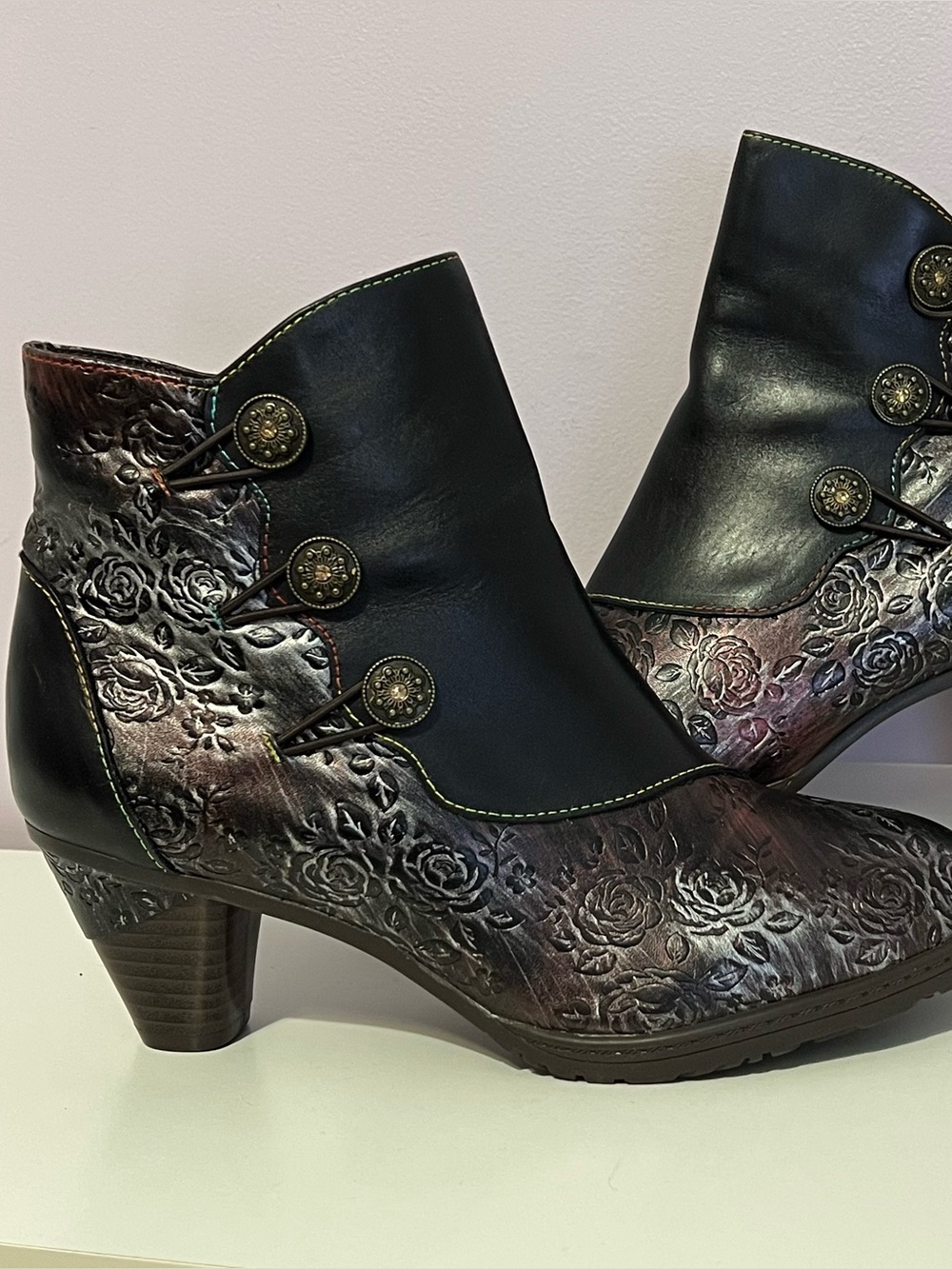 Women's Black Floral Embossed Ankle Boots handpainted metallic